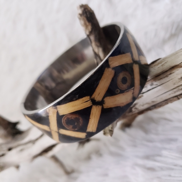Tribal Wooden Inlay Bangle Bracelet - Picture 3 of 16